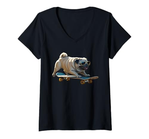 Damen Rad Mops Skater Merch Lustiger Hund auf Skateboard mit Sonnenbrille T-Shirt mit V-Ausschnitt von Boobie & Bubba
