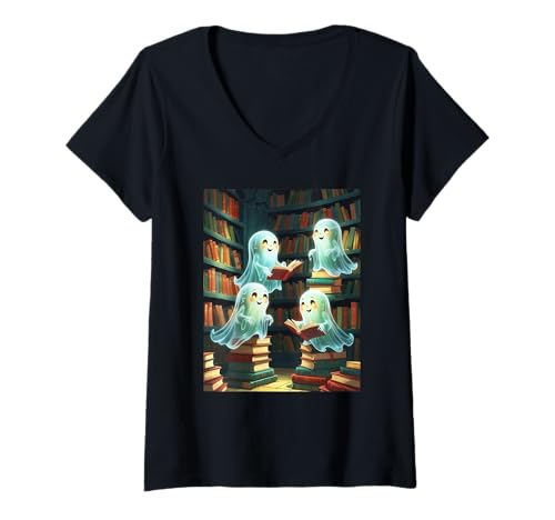 Damen Süßer Halloween-Merch für Buchliebhaber, Ghost Reading Books T-Shirt mit V-Ausschnitt Damen Süßer Halloween-Merch für Buchliebhaber, Ghost Reading Books T-Shirt mit V-Ausschnitt von Boobie & Bubba