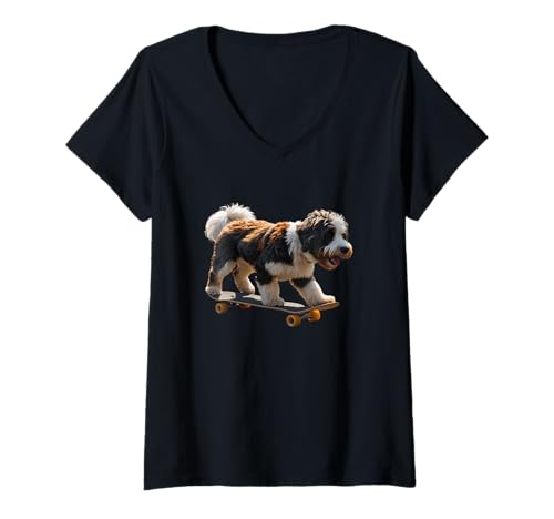 Damen Titel Cute Skater Labradoodle Merch | Lustiger Skateboard-Hund T-Shirt mit V-Ausschnitt von Boobie & Bubba