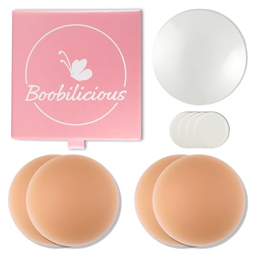 Boobilicious Nippelpads 8 cm - 4 Stück - Selbstklebende Nippel Cover mit Brustwarzenschutz - Nude - Wiederverwendbare und waschbare Brustwarzen Nippelabdeckung aus Premium Silikon - dünne Ränder von Boobilicious