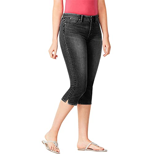 Boodtag Damen Denim Capri Shorts Casual Sommer Shorts UK Mid Waist 3/4 Bermuda Jeans Shorts Skinny Stretch Hose mit Taschen, Schwarz , 38 von Boodtag