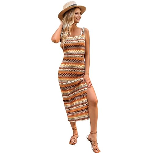 Boodtag Damen Sommer Strickkleid Strandkleid Lang Ärmellos Schlitz Bodycon Bohemian Sommerkleid mit Trägern Elegant Vintage UK Damen Strick Gestreiftes Kleid für Strandparty, Orange, XL von Boodtag