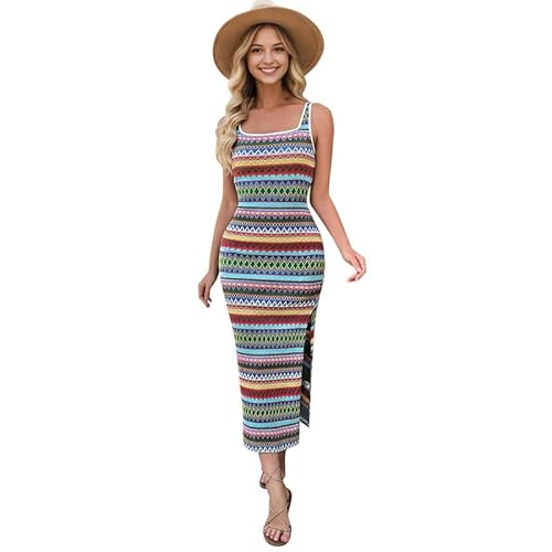 Boodtag Damen Sommer Strickkleid Strandkleid Lang Ärmellos Schlitz Bodycon Bohemian Sommerkleid mit Trägern Elegant Vintage UK Damen Strick Gestreiftes Kleid für Strandparty, grün, XL von Boodtag