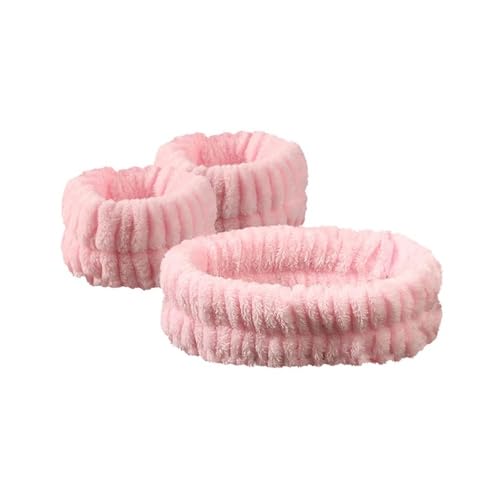 2 Paar Plüsch-Haarbänder aus Korallen-Fleece, wasserdichte Bänder, Gesichtswäsche, saugfähiges Armband, Kopfbedeckung, Haar-Zubehör (Rosa) von BooeDareno