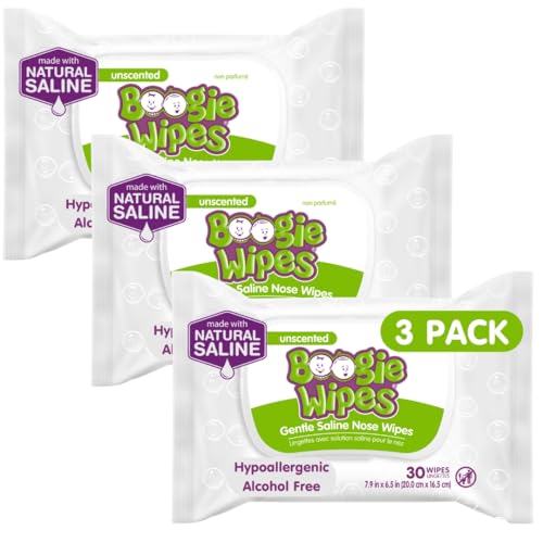 Boogie Wipes Natural Saline Kids and Baby Nose Wipes for Cold and Flu, Unscented, 30 Count (Pack of 3) by Boogie Wipes von Boogie Wipes