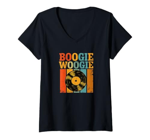Damen Boogie Woogie Vibes mit Retro Schallplatte Design T-Shirt mit V-Ausschnitt Damen Boogie Woogie Vibes mit Retro Schallplatte Design T-Shirt mit V-Ausschnitt von Boogie Woogie Vintage Designs