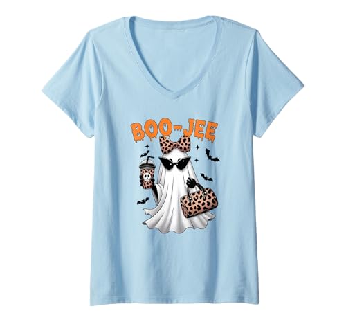 Damen Boo JEE Ghost Boujee Halloween-Oktober-Stimmung, gruselig, rosa T-Shirt mit V-Ausschnitt von Boojee Ghost Vibes Fun Pink October Spooky