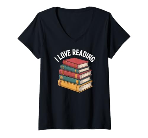 Damen Ich Liebe es, Bücherstapelliteraturliebhaber zu lesen T-Shirt mit V-Ausschnitt von Book Enthusiast Bookworm Library Collection