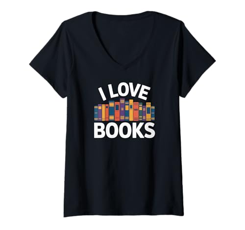 Damen I Love Books Bunte Buchstapel Kunst T-Shirt mit V-Ausschnitt Damen I Love Books Bunte Buchstapel Kunst T-Shirt mit V-Ausschnitt von Book Enthusiast Literature Lover