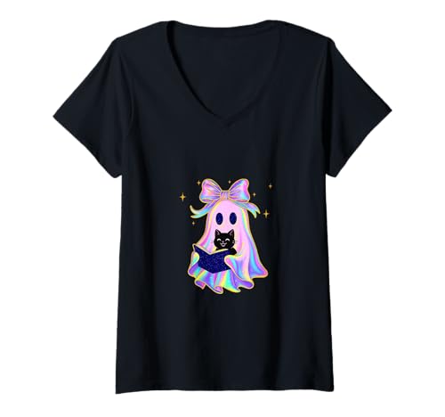 Damen Buch Geist Shirt Katze Lesen Pastell Niedlich Halloween T-Shirt mit V-Ausschnitt Damen Buch Geist Shirt Katze Lesen Pastell Niedlich Halloween T-Shirt mit V-Ausschnitt von Book Ghost Tee Shirts for Halloween Readers