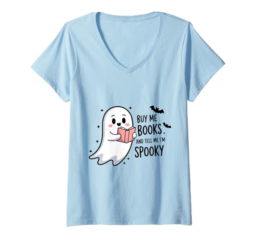 Damen Buch Ghost Shirt Buy Me Books Cute Spooky Halloween Fledermäuse T-Shirt mit V-Ausschnitt Damen Buch Ghost Shirt Buy Me Books Cute Spooky Halloween Fledermäuse T-Shirt mit V-Ausschnitt von Book Ghost Tee Shirts for Spooky Readers