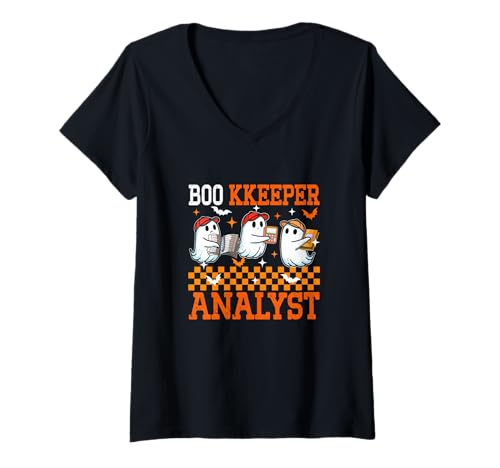 Damen Boo Kkeeper Analyst Halloween Bookkeeper Three Cute Boos T-Shirt mit V-Ausschnitt von Book Halloween Costume