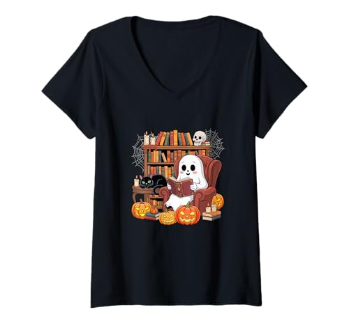 Damen Boo Reading Books with Cat Colorful Halloween Librarian T-Shirt mit V-Ausschnitt von Book Halloween Costume