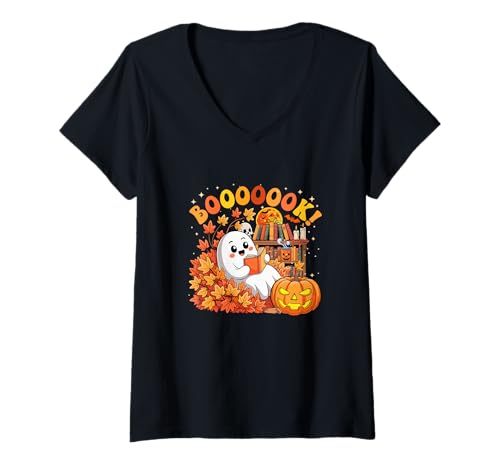 Damen Booook Boo Ghost Reading Books Colorful Halloween Librarian T-Shirt mit V-Ausschnitt Damen Booook Boo Ghost Reading Books Colorful Halloween Librarian T-Shirt mit V-Ausschnitt von Book Halloween Costume