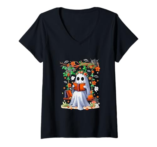Damen Cute Boo On Swing Reading Book Halloween Colorful Flowers T-Shirt mit V-Ausschnitt von Book Halloween Costume