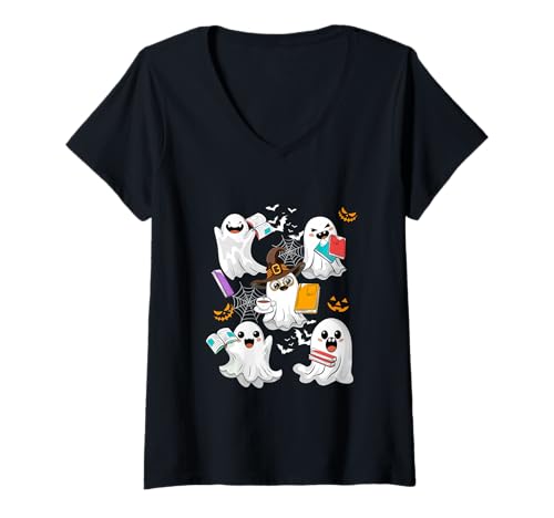 Damen Group Funny Boos Reading Books Halloween Bookworm Librarian T-Shirt mit V-Ausschnitt Damen Group Funny Boos Reading Books Halloween Bookworm Librarian T-Shirt mit V-Ausschnitt von Book Halloween Costume