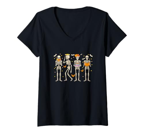 Damen Halloween Group Skeletons Reading Books Bookworm Librarian T-Shirt mit V-Ausschnitt von Book Halloween Costume