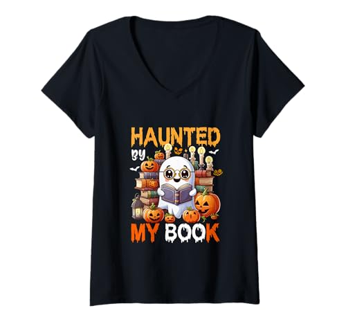 Damen Haunted by My Book Halloween Boo Librarian Bookworm Reader T-Shirt mit V-Ausschnitt von Book Halloween Costume