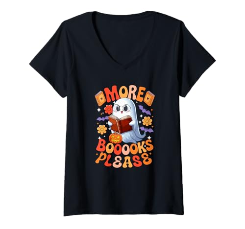 Damen More Booooks Please Halloween Boo Ghost Read Books Bookworm T-Shirt mit V-Ausschnitt Damen More Booooks Please Halloween Boo Ghost Read Books Bookworm T-Shirt mit V-Ausschnitt von Book Halloween Costume