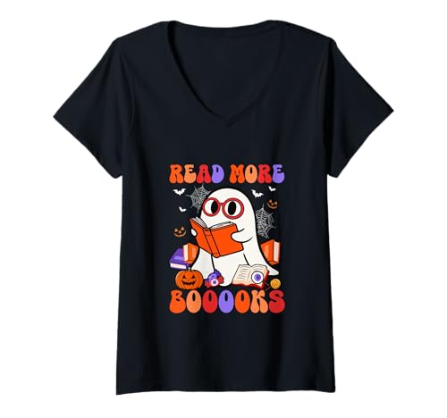 Damen Read More Booooks Halloween Boo Colorful Costume Librarian T-Shirt mit V-Ausschnitt von Book Halloween Costume