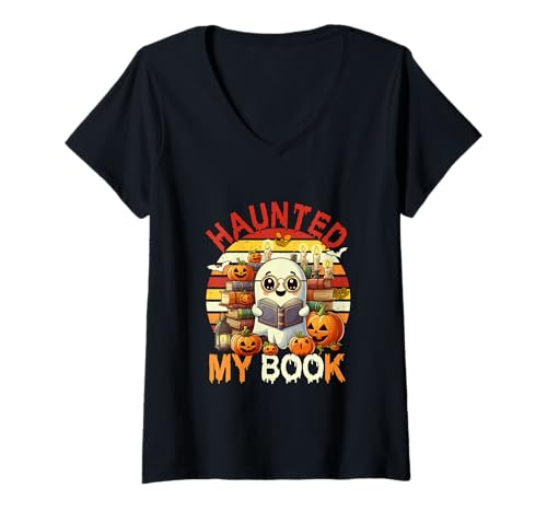 Damen Vintage Haunted by My Book Halloween Boo Librarian Bookworm T-Shirt mit V-Ausschnitt von Book Halloween Costume