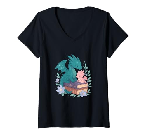 Damen Niedliche Drachen-Fantasie-Bücher Gemütliches magisches Lese-Bücherwurm-Buch T-Shirt mit V-Ausschnitt Damen Niedliche Drachen-Fantasie-Bücher Gemütliches magisches Lese-Bücherwurm-Buch T-Shirt mit V-Ausschnitt von Book Lover Bookworm Reading Books Dragon Tee
