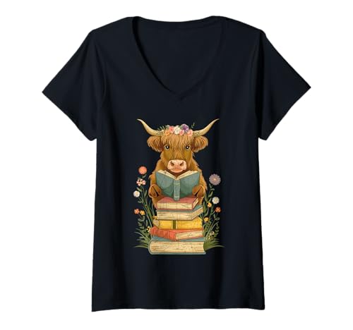 Damen Buchliebhaber von Highland Cow T-Shirt mit V-Ausschnitt Damen Buchliebhaber von Highland Cow T-Shirt mit V-Ausschnitt von Book Lover Cow