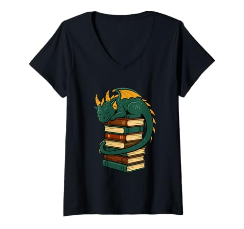 Damen Schlafender Drache auf einem Bücherstapel, Fantasy-Kunst T-Shirt mit V-Ausschnitt Damen Schlafender Drache auf einem Bücherstapel, Fantasy-Kunst T-Shirt mit V-Ausschnitt von Book Lover Dragon Fantasy Artwork Apparel