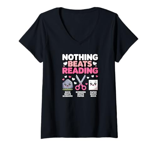 Damen Nichts geht über Reading Rock, Papierschere, lustiger Buchliebhaber T-Shirt mit V-Ausschnitt Damen Nichts geht über Reading Rock, Papierschere, lustiger Buchliebhaber T-Shirt mit V-Ausschnitt von Book Lover Reading Month 2025 Librarian Apparel