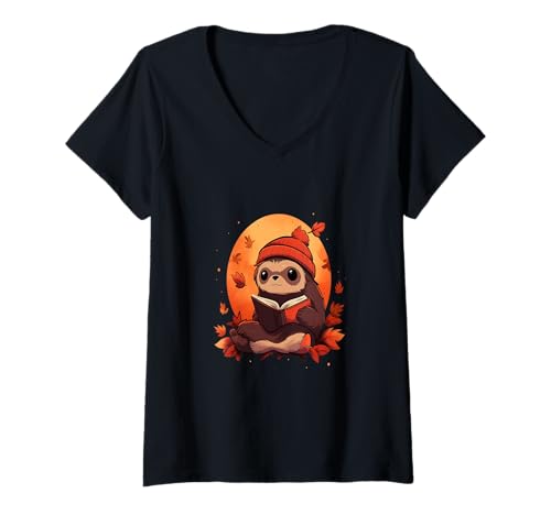 Damen Lesen Faultier Herbst Blätter Gemütlich Herbst T-Shirt mit V-Ausschnitt Damen Lesen Faultier Herbst Blätter Gemütlich Herbst T-Shirt mit V-Ausschnitt von Book Lover Sloth Autumn Reading Vibes