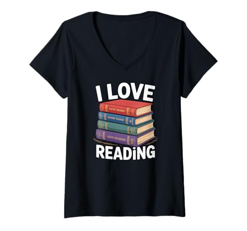 Damen Ich Liebe es, Stapel von Büchern zu lesen, Enthusiast T-Shirt mit V-Ausschnitt Damen Ich Liebe es, Stapel von Büchern zu lesen, Enthusiast T-Shirt mit V-Ausschnitt von Book Lovers Engaging Enthusiasts Unique Literature