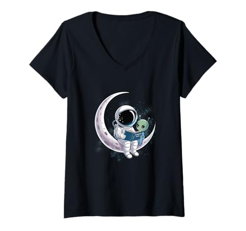 Damen Astronaut liest Buch zur Alien Moon Space Astronomy T-Shirt mit V-Ausschnitt Damen Astronaut liest Buch zur Alien Moon Space Astronomy T-Shirt mit V-Ausschnitt von Book Nerd Kids Boys Girls Teens Space Tees