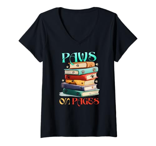 Damen Paws on Pages T-Shirt mit V-Ausschnitt von Book Paw Paws Pages Time Part Dog Bookmark Read