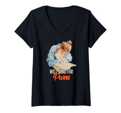 Damen Will read for Paws T-Shirt mit V-Ausschnitt von Book Paws Reading Cat Read Pages Humor