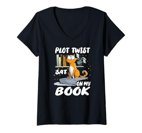 Damen Plot twist sat on my book T-Shirt mit V-Ausschnitt von Book Plot Twist Sat Cat Humor Reading