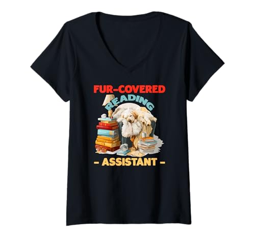 Damen Fur-Covered Reading Assistant T-Shirt mit V-Ausschnitt Damen Fur-Covered Reading Assistant T-Shirt mit V-Ausschnitt von Book Read Fur-covered Reading Assistant Dog