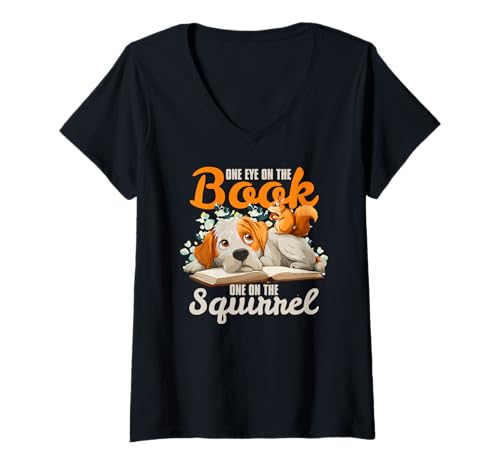 Damen One Eye on The Book, one on The Squirrel. T-Shirt mit V-Ausschnitt Damen One Eye on The Book, one on The Squirrel. T-Shirt mit V-Ausschnitt von Book Read Squirrel Eye Dog Bookmark Paw Chew Toy