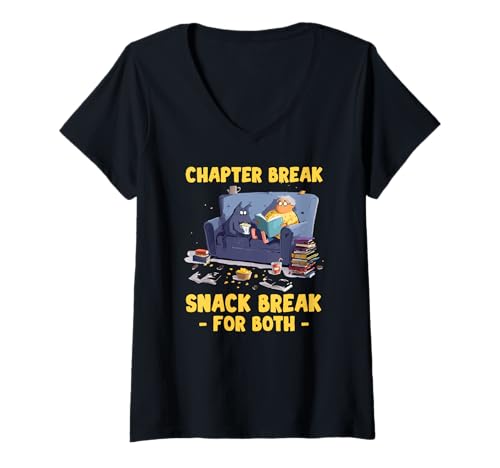 Damen Chaper break snack break for both T-Shirt mit V-Ausschnitt Damen Chaper break snack break for both T-Shirt mit V-Ausschnitt von Book Reading Break Snack Cat Humor Story