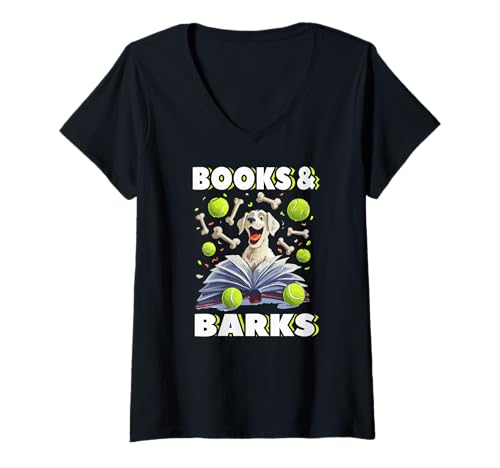 Damen Books and Barks T-Shirt mit V-Ausschnitt Damen Books and Barks T-Shirt mit V-Ausschnitt von Book Story Books Barks Dogs Curl Time Clubs Turn