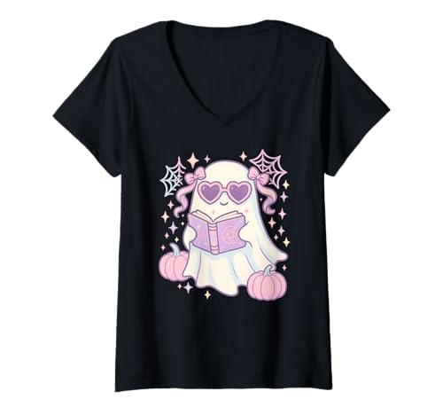 Damen Pastell Witchy Ghost Reading Spellbook Cute Halloween T-Shirt mit V-Ausschnitt Damen Pastell Witchy Ghost Reading Spellbook Cute Halloween T-Shirt mit V-Ausschnitt von Book of Ghost Spells
