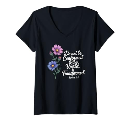 Damen Christliche Schrift Römer 12:2 Bibelvers Blumenkunst T-Shirt mit V-Ausschnitt Damen Christliche Schrift Römer 12:2 Bibelvers Blumenkunst T-Shirt mit V-Ausschnitt von Book of Romans Christian Bible Verse