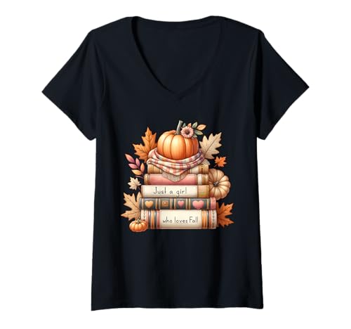 Damen Book & Fall Lover Bookish Reader Herbstblätter und Kürbis T-Shirt mit V-Ausschnitt Damen Book & Fall Lover Bookish Reader Herbstblätter und Kürbis T-Shirt mit V-Ausschnitt von Book & Fall Lover