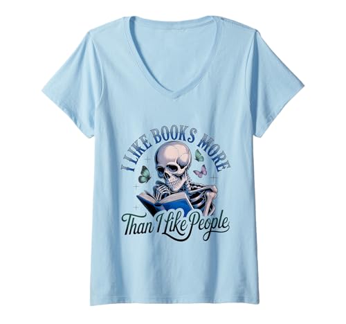 Damen I Like Books More Than People Skelett Lesen Design Lustig T-Shirt mit V-Ausschnitt Damen I Like Books More Than People Skelett Lesen Design Lustig T-Shirt mit V-Ausschnitt von BookLoversDesigns