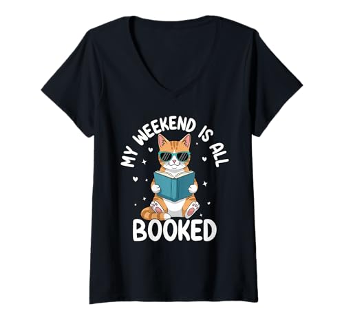 Damen My Weekend is All Booked Katzenleseliebhaber T-Shirt mit V-Ausschnitt von Booked Weekend Cat Lovers Reading Relaxing