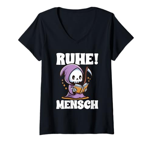 Damen Sensenmann Buch Bücherwurm Skelett Books Lesebuch T-Shirt mit V-Ausschnitt Damen Sensenmann Buch Bücherwurm Skelett Books Lesebuch T-Shirt mit V-Ausschnitt von Bookish Bookworm Book Lover for Readers