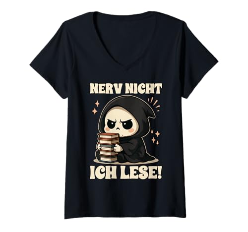 Damen Sensenmann Buch Bücherwurm Skelett Bücher Lesebuch T-Shirt mit V-Ausschnitt Damen Sensenmann Buch Bücherwurm Skelett Bücher Lesebuch T-Shirt mit V-Ausschnitt von Bookish Bookworm Book Lover for Readers
