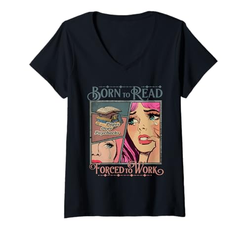 Damen Bookish Born To Read Forced To Work, lustiger Bookish-Leser T-Shirt mit V-Ausschnitt von Bookish Born To Read Forced To Work, Funny Bookish