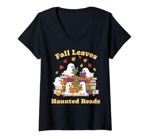 Damen Bücherwurm Geist lesen Büch Bücherfreak Bücherliebhaber T-Shirt mit V-Ausschnitt Damen Bücherwurm Geist lesen Büch Bücherfreak Bücherliebhaber T-Shirt mit V-Ausschnitt von Bookish Ghost Haunted Readers Club Retro Halloween