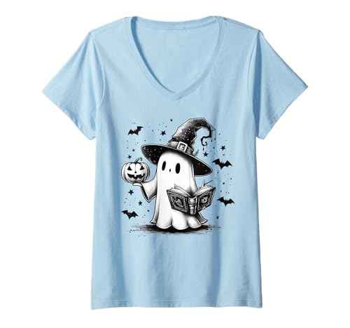 Damen Bücherwurm Geist lesen Büch Hexenhut Bücherfreak Zauberbuch T-Shirt mit V-Ausschnitt Damen Bücherwurm Geist lesen Büch Hexenhut Bücherfreak Zauberbuch T-Shirt mit V-Ausschnitt von Bookish Kawaii Ghost Coquette Girl Retro Halloween