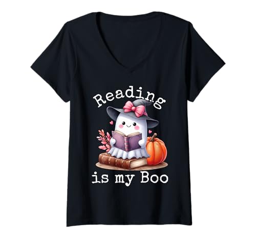 Damen Bücherwurm Kokette Schleife Geist lesen Büch Bücherfreak T-Shirt mit V-Ausschnitt Damen Bücherwurm Kokette Schleife Geist lesen Büch Bücherfreak T-Shirt mit V-Ausschnitt von Bookish Kawaii Ghost Coquette Girl Retro Halloween